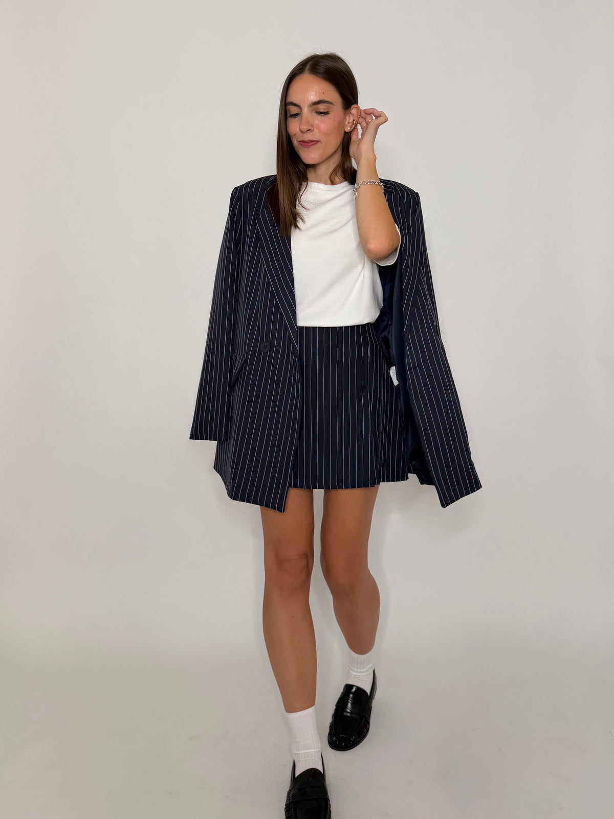 Gonna pantalone gessata blu