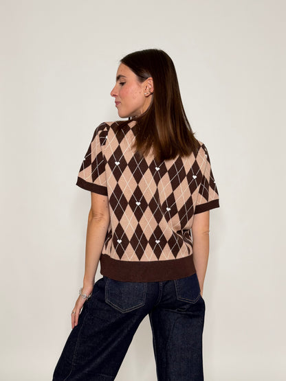 Maglia in viscosa a rombi coffe/caramello