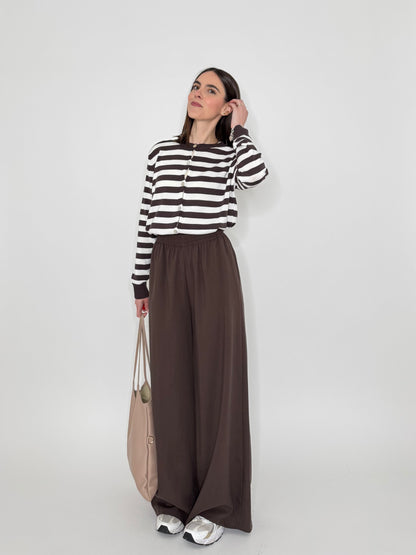 Cardigan in 100% cotone a righe girocollo Panna/Moro