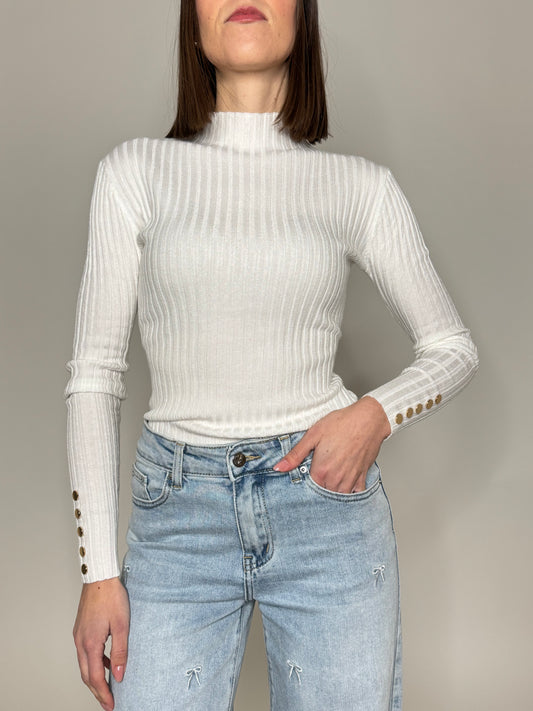 Maglia mezzo collo calda viscosa a costine Bianco