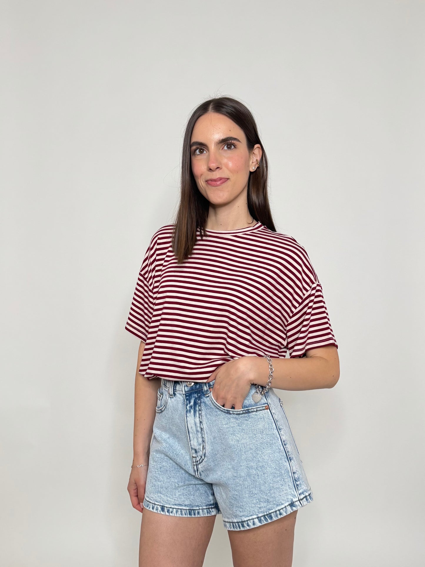 T-shirt a righe in jersey di viscosa Bordeaux/Panna