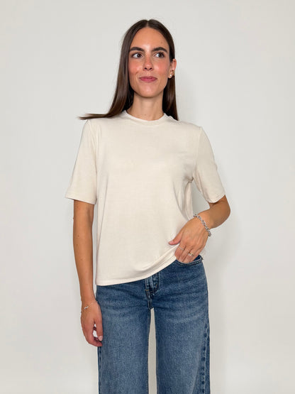 Maglia girocollo basic in viscosa e cotone beige