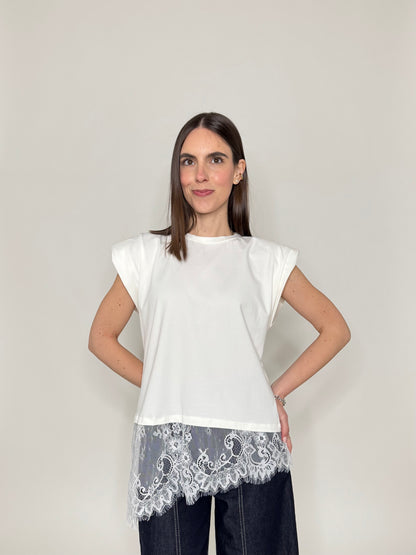 Maglia in cotone con spalle imbottite e pizzo Bianco