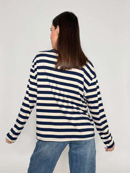 Maglia a righe passe-partout in viscosa blu/beige girocollo cioccolato