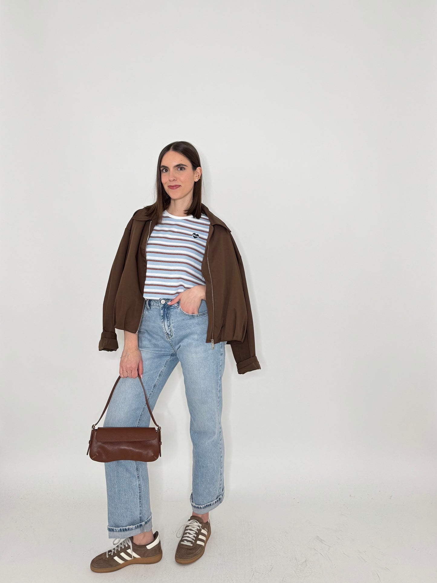 T-shirt righe light cotton con cuore Celeste