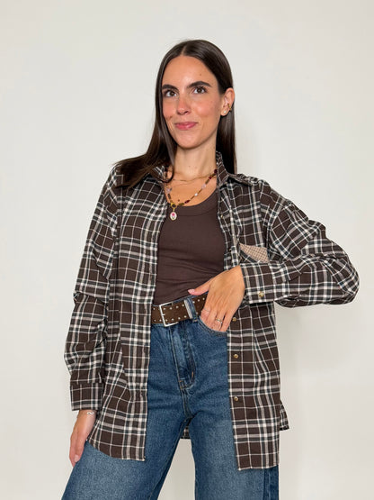 Camicia check in cotone con taschino cioccolato