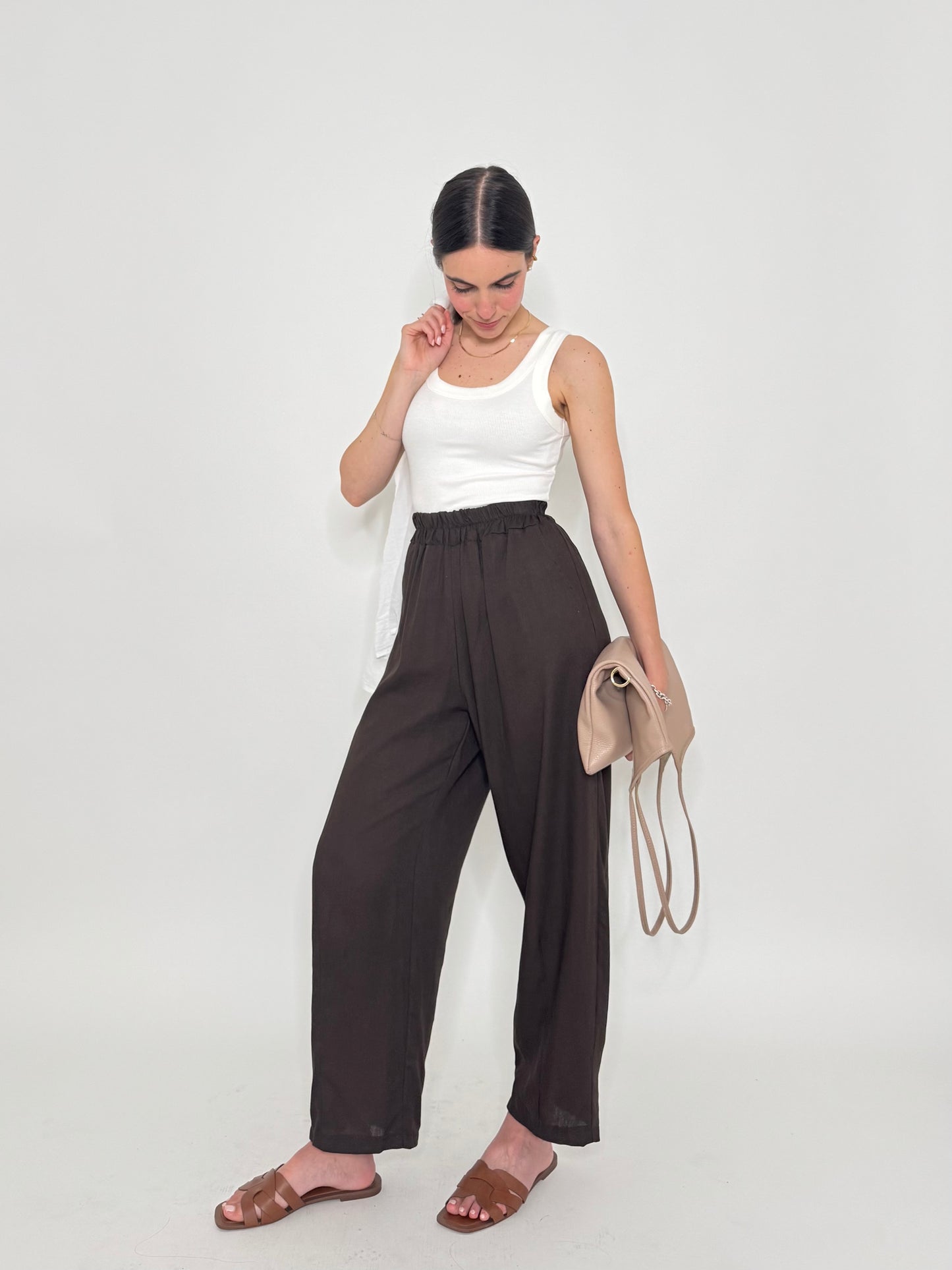 Pantalone ovetto in viscosa e lino Cioccolato
