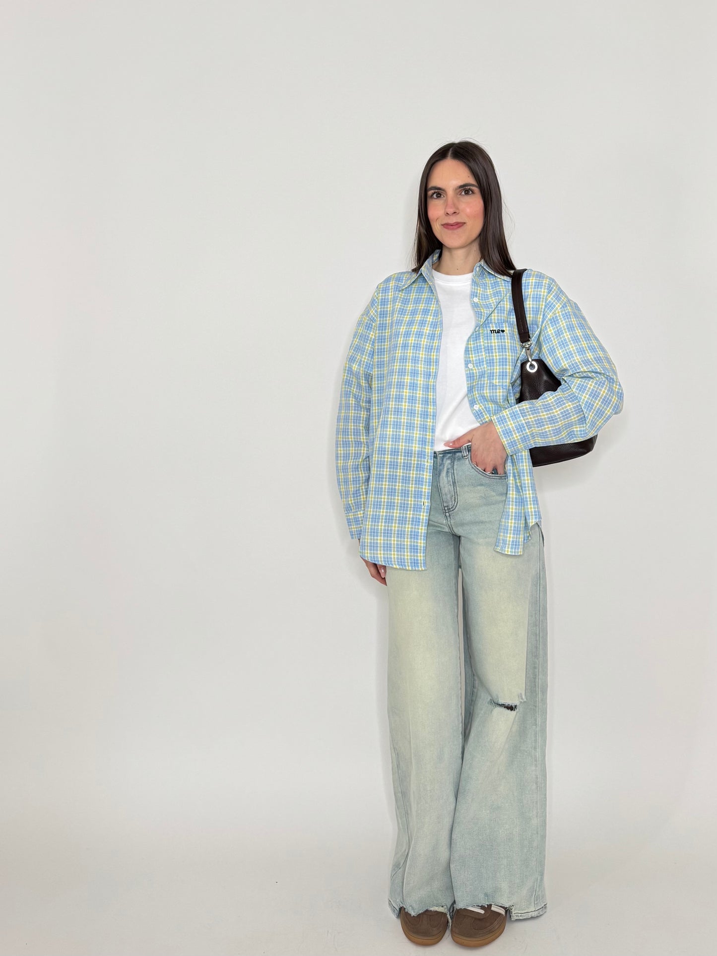 Camicia in cotone a quadri Celeste