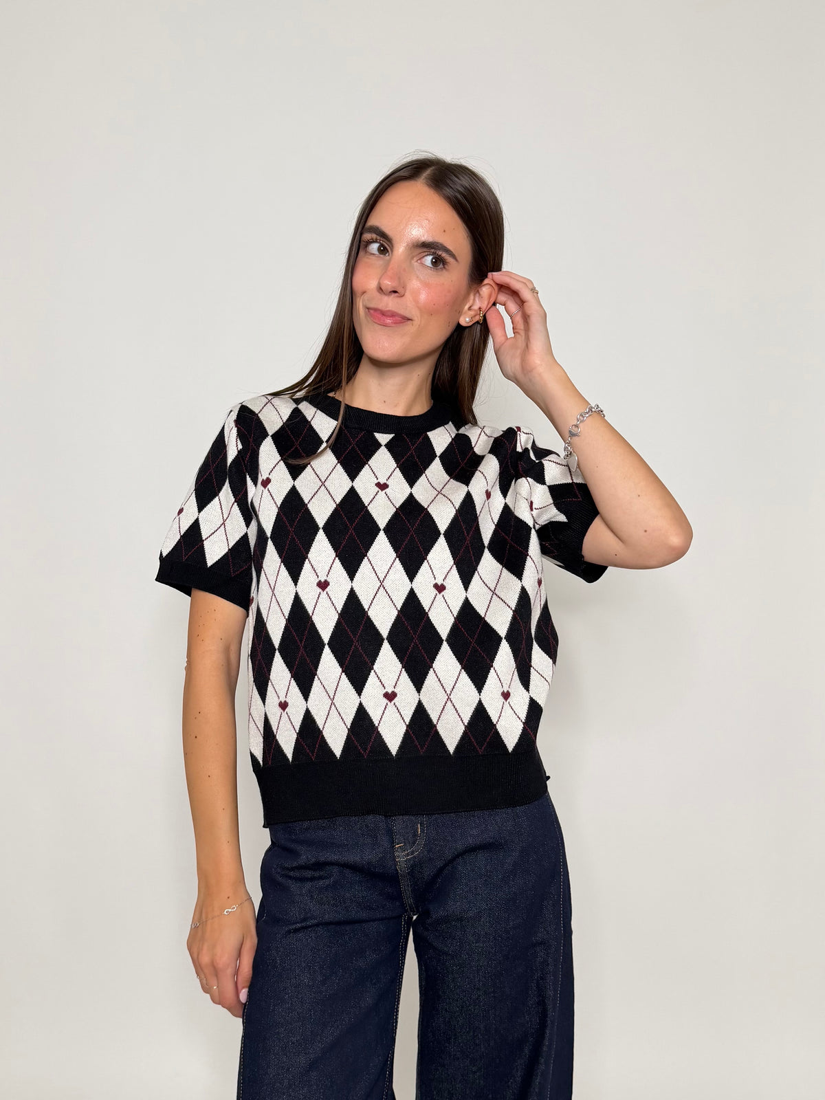 Maglia in viscosa a rombi nero/bianco