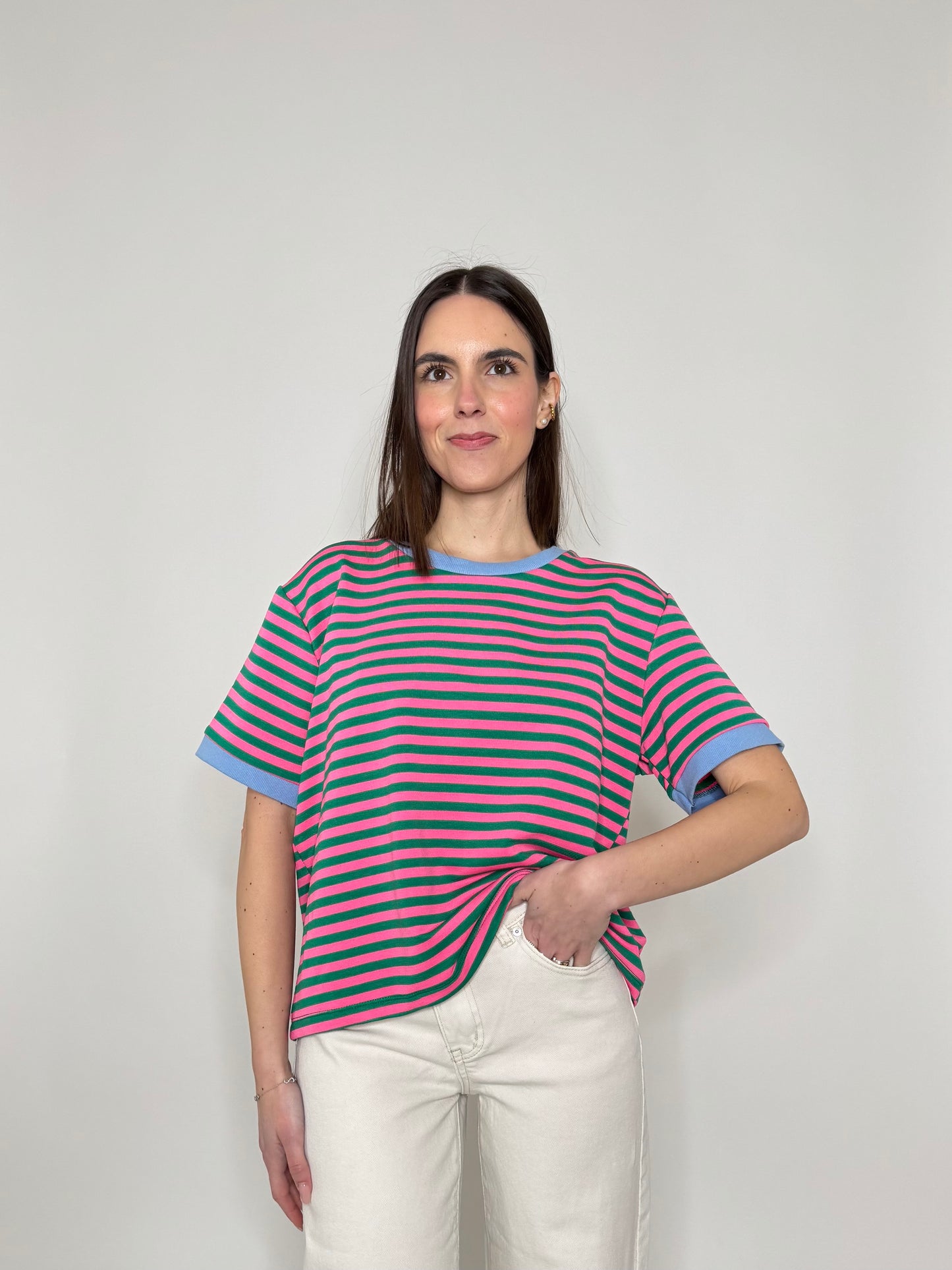 T-shirt a righe in cotone con contrasti Fucsia/Verde