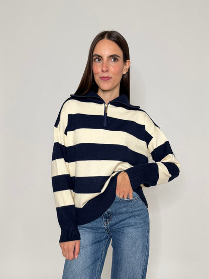 Maglione mezza zip collo alto a righe in morbida viscosa blu/panna