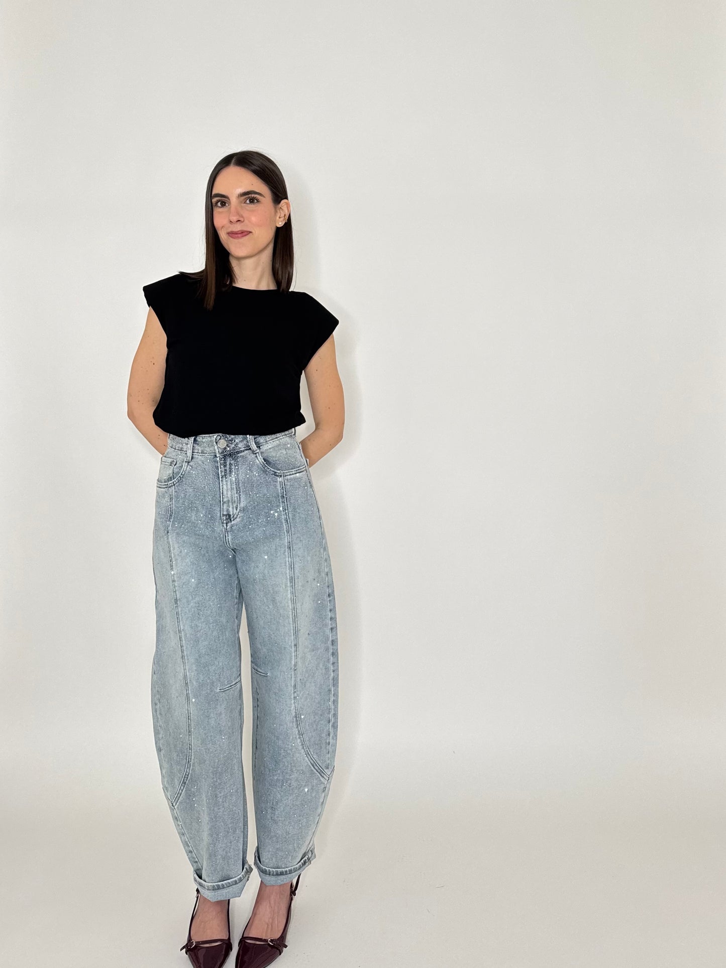 Maglia con spalline imbottite in cotone Nero