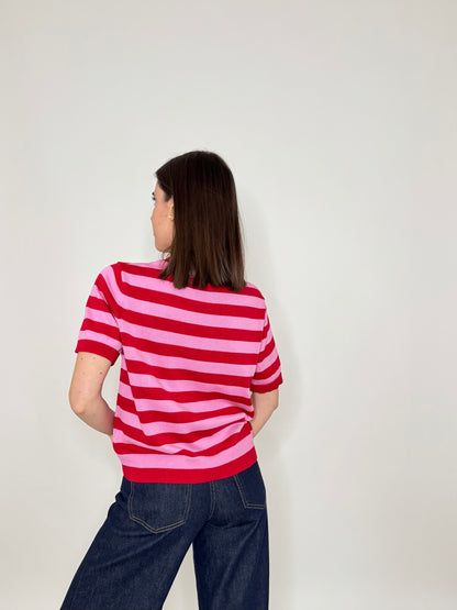 Maglia girocollo a righe manica corta in 100% cotone Fragola/Confetto