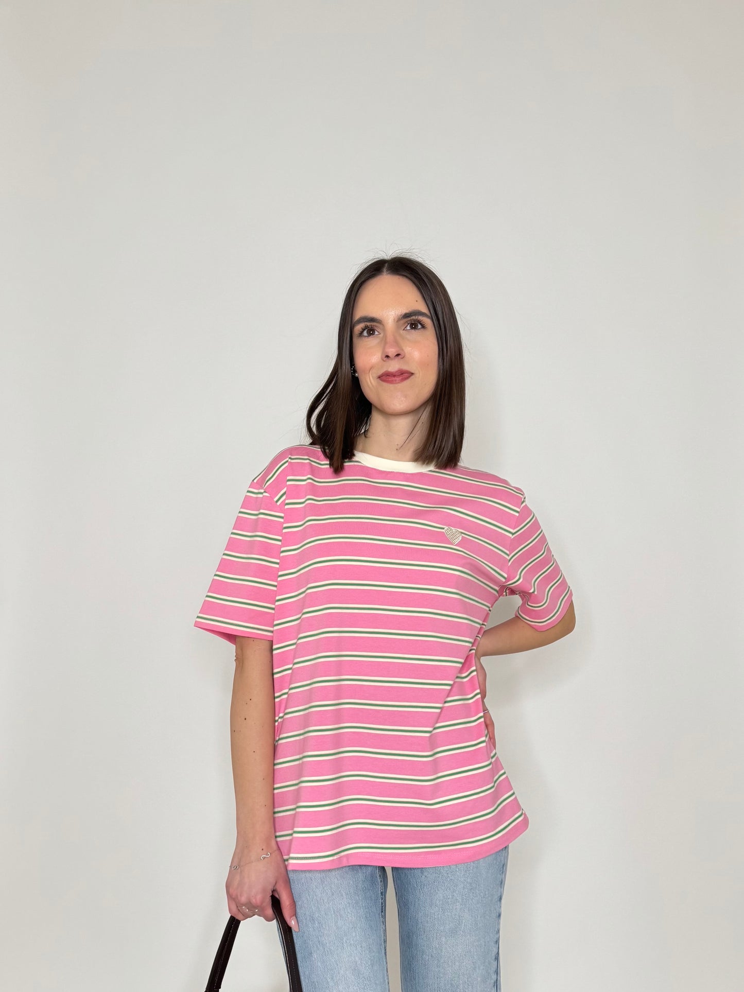 T-shirt millerighe con ricamo in cotone - Rosa
