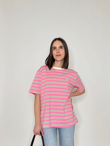 T-shirt millerighe con ricamo in cotone - Rosa