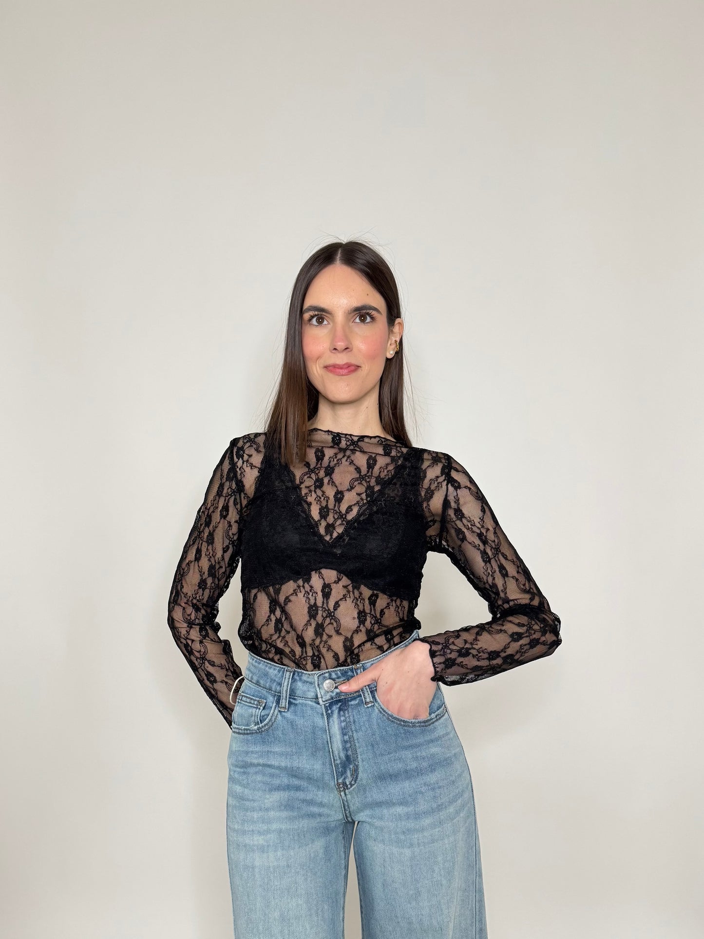 Maglia pizzo in misto cotone viscosa spring/summer Nero