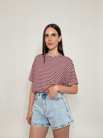 T-shirt a righe in jersey di viscosa Bordeaux/Panna