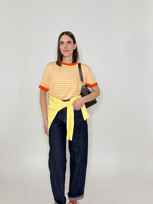 T-shirt a righe in cotone con contrasti Giallo/Rosa