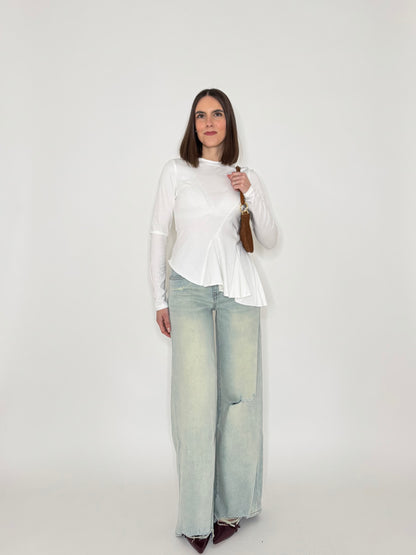 Maglia girocollo in cotone asimmetrica Bianco - Lumina