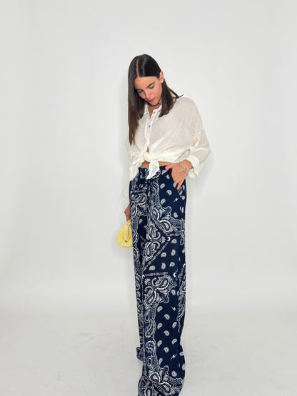 Pantalone in mussola di cotone stampa bandana Blu
