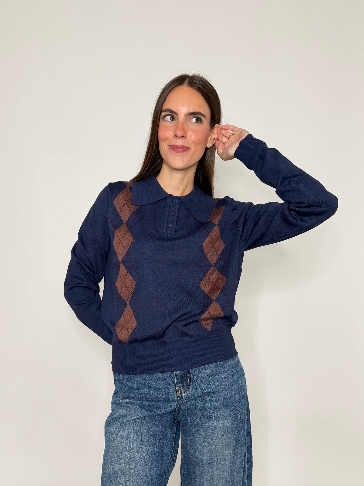 Polo a rombi in viscosa blu navy