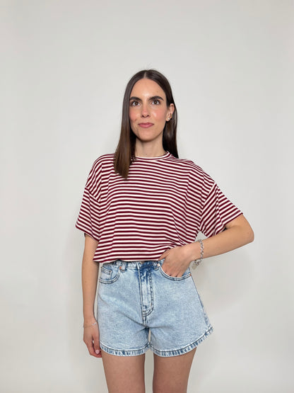 T-shirt a righe in jersey di viscosa Bordeaux/Panna