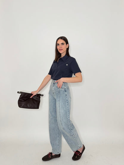 Jeans barrel con impunture Strass