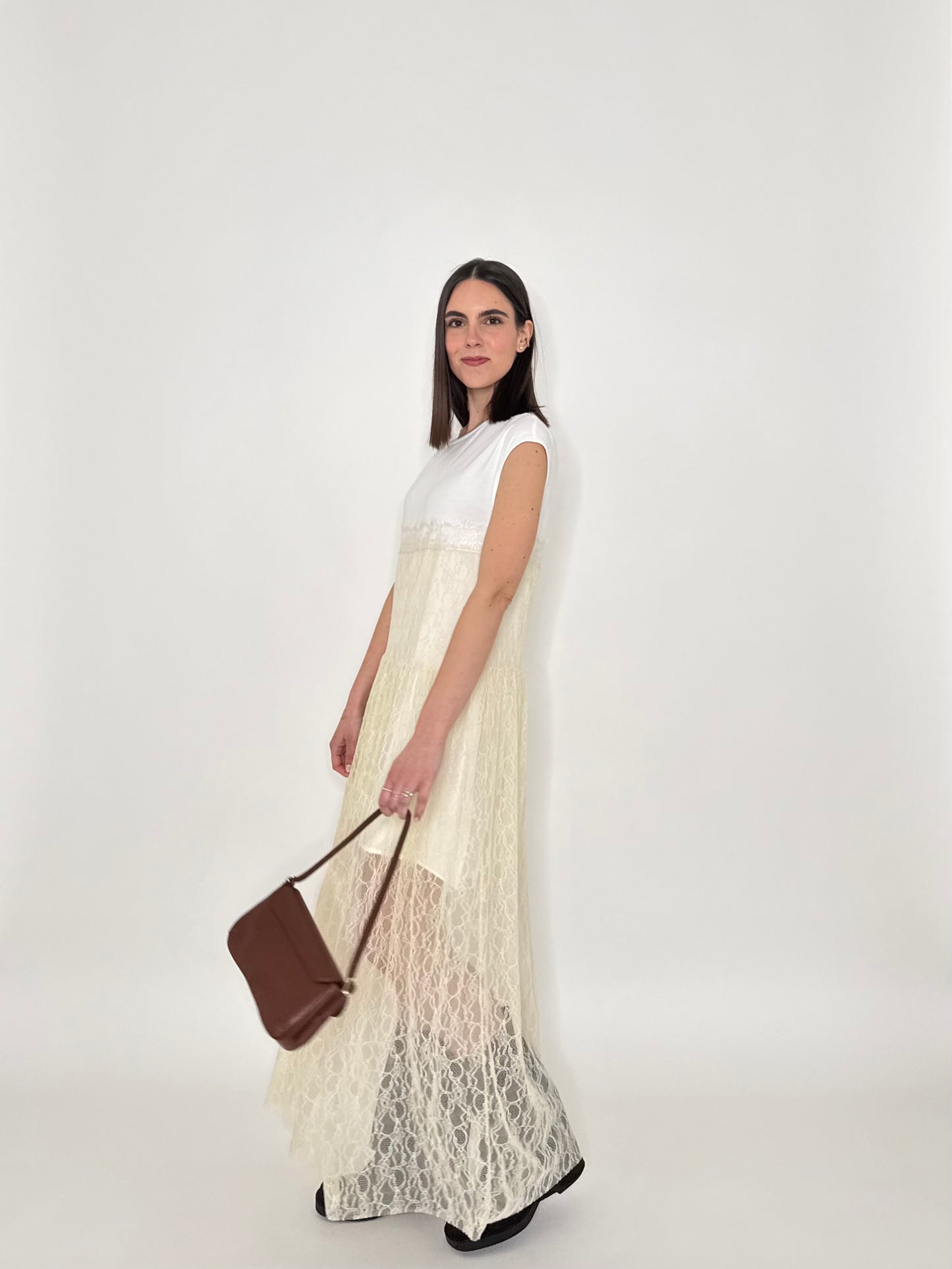 Abito lungo pizzo in cotone Crema/Bianco