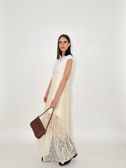 Abito lungo pizzo in cotone Crema/Bianco