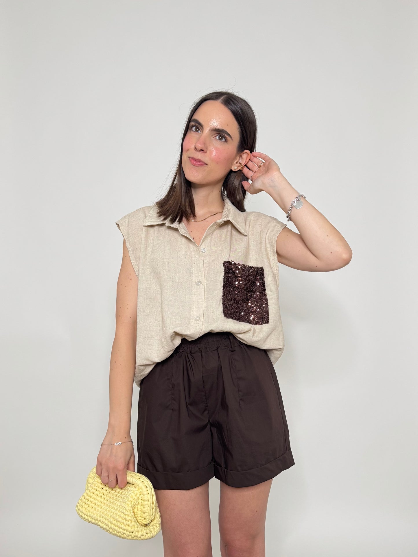 Camicia in lino e viscosa con taschino pailletes Beige