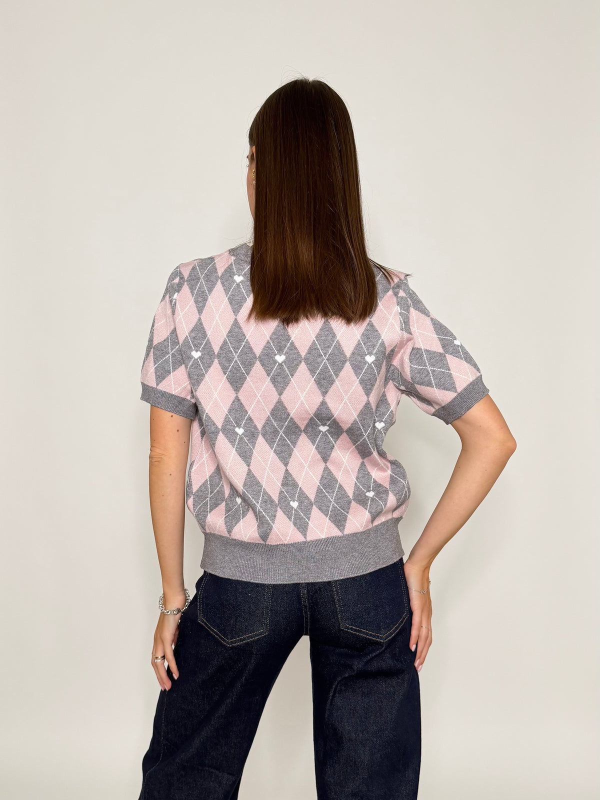 Maglia in viscosa a rombi grigio/rosa