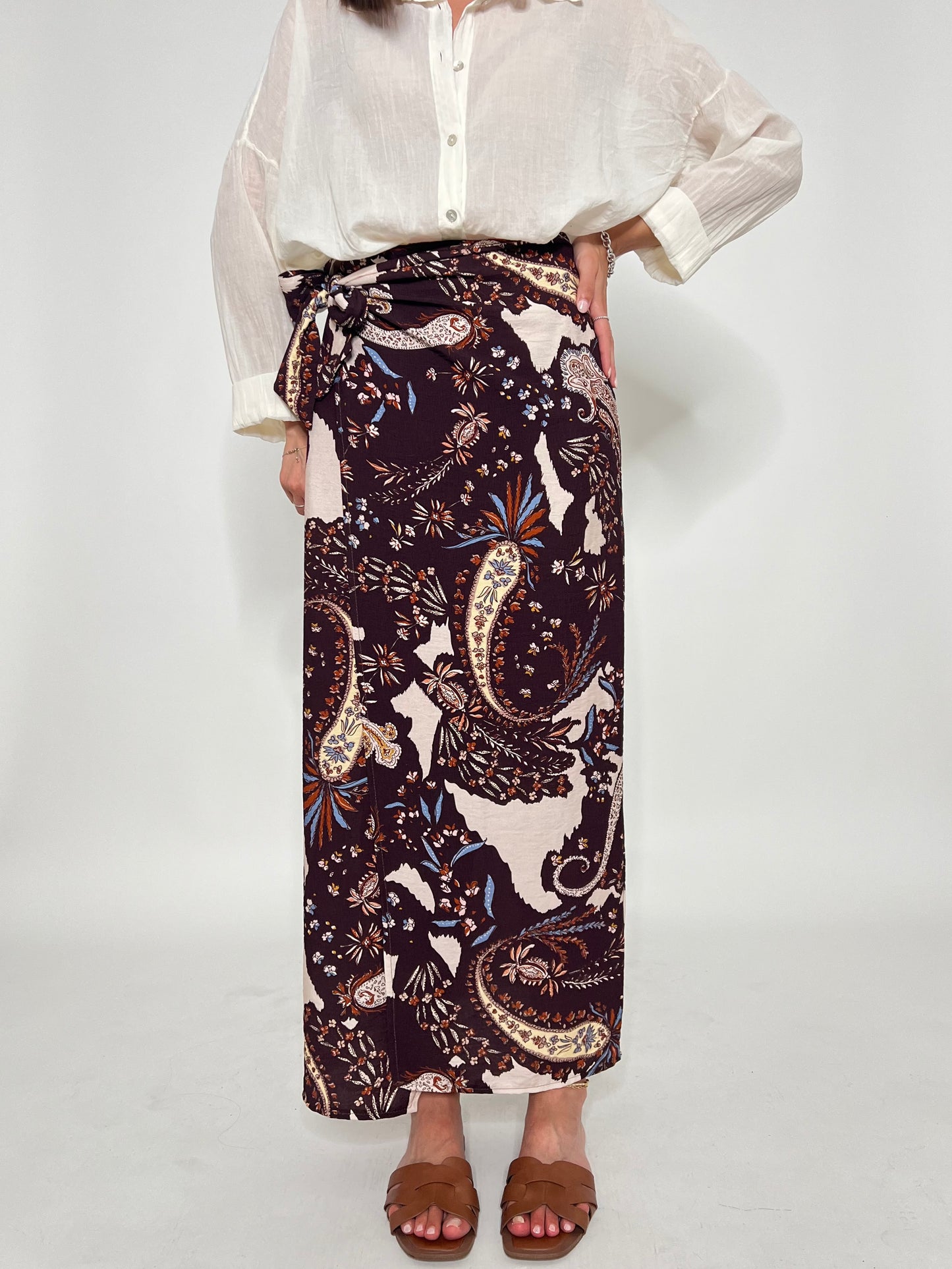 Gonna pareo in fresca viscosa floreale cioccolato