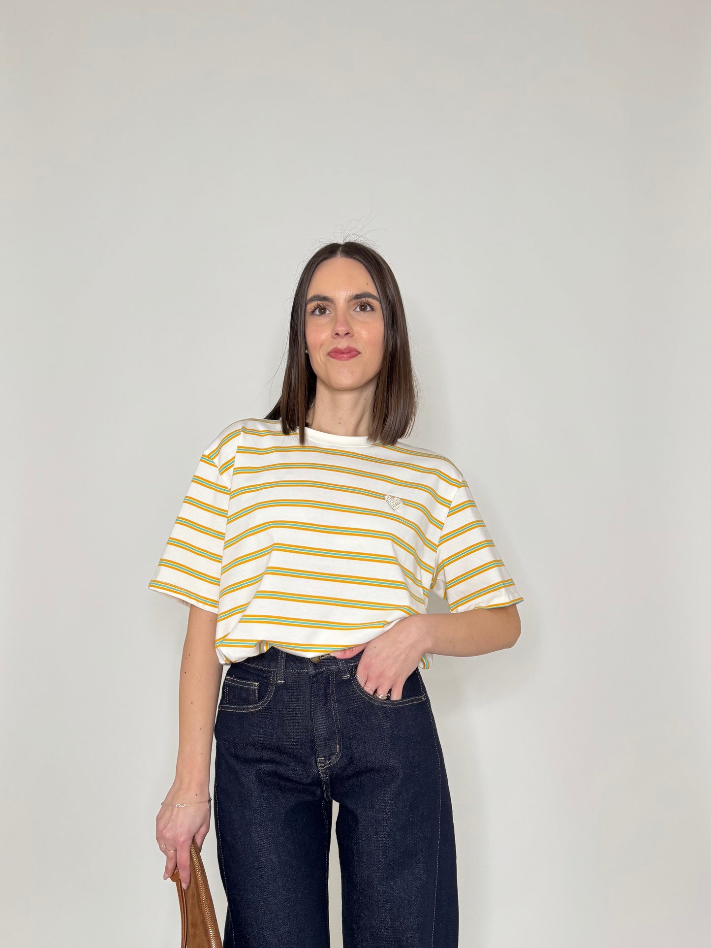 T-shirt millerighe con ricamo in cotone - Orange