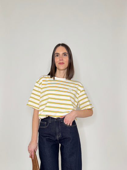 T-shirt millerighe con ricamo in cotone - Orange