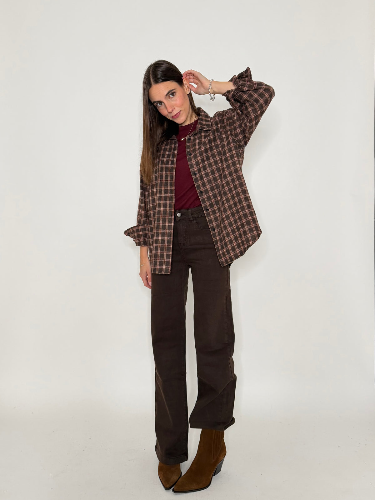 Camicia check vienna in cotone cioccolato/bordeaux