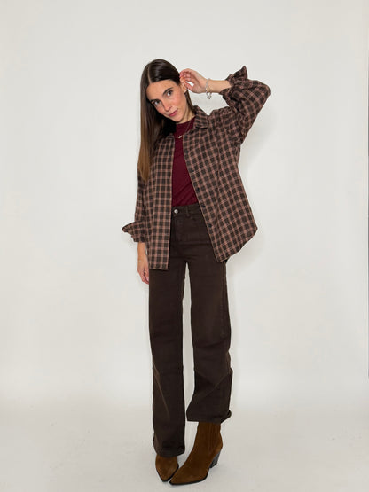 Camicia check vienna in cotone cioccolato/bordeaux