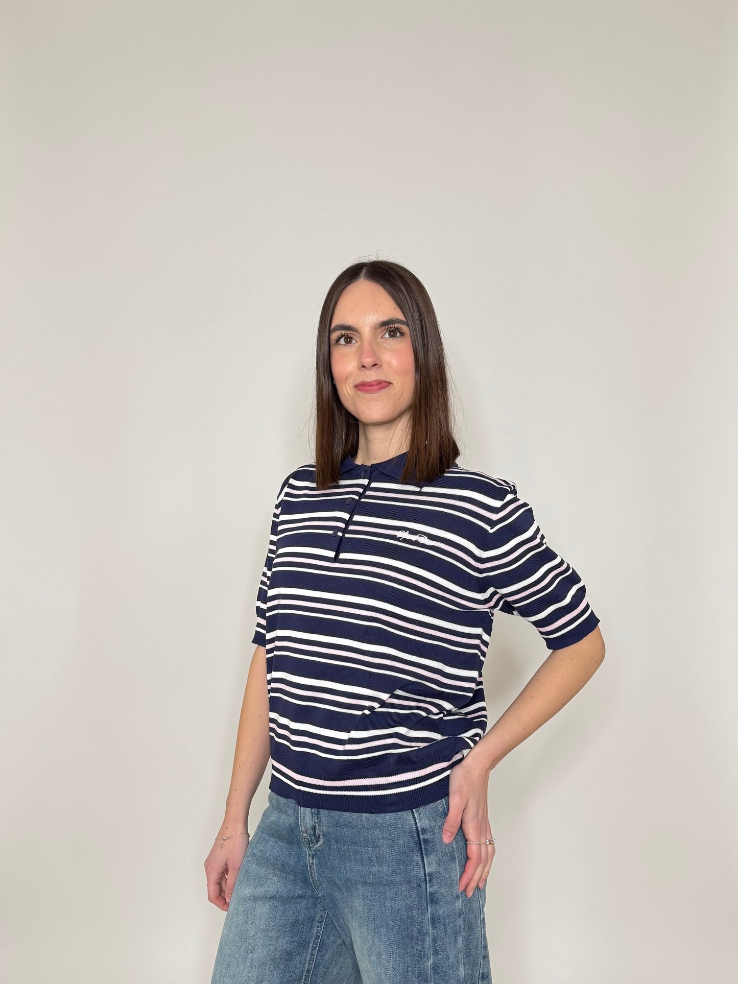 Polo in filo di viscosa a righe Blu navy/bianco