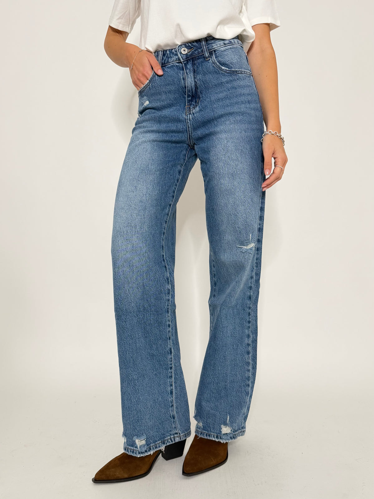 Jeans Straight Wide Leg in Denim Blu