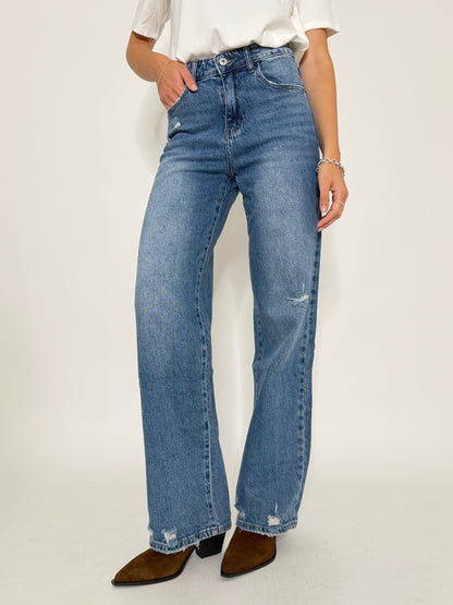 Jeans Straight Wide Leg in Denim Blu