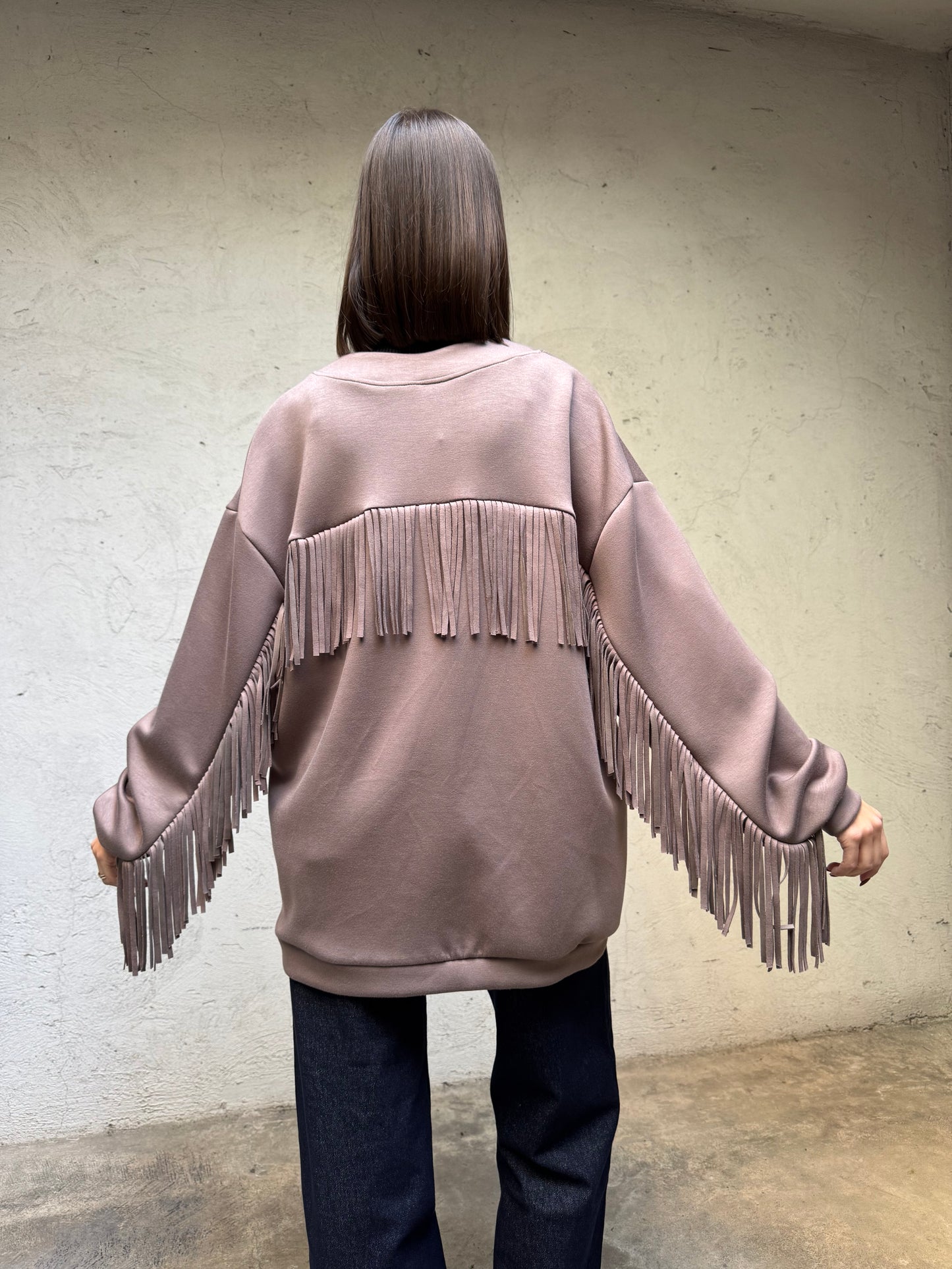 Cardigan frange tessuto felpa viscosa Tortora - Lumina