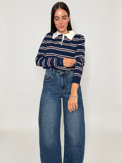 Polo a righe in viscosa blu navy/panna