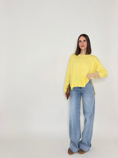 Maglia girocollo scatoletta in 100% cotone Giallo