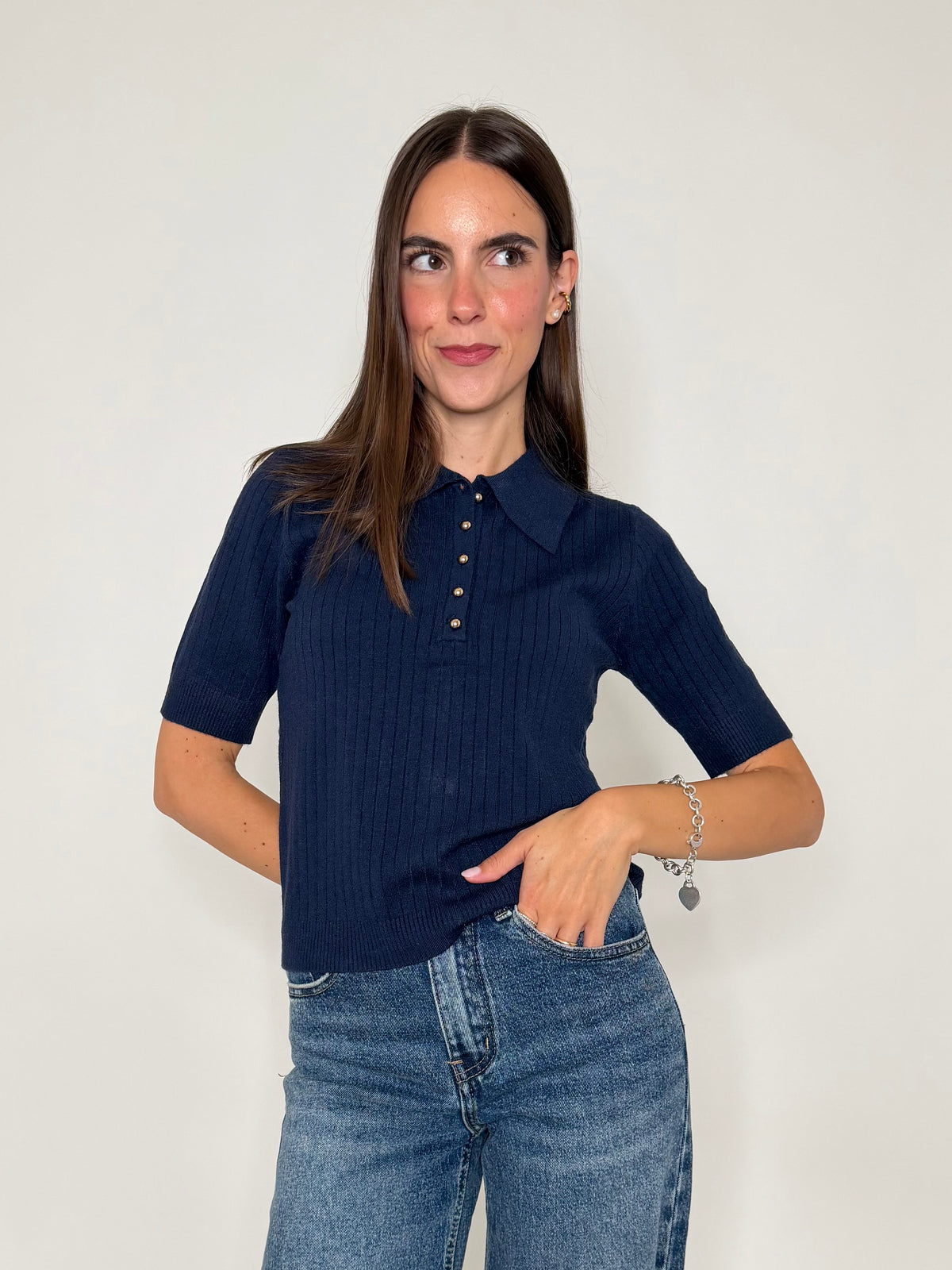 Polo a costine in morbida viscosa blu navy
