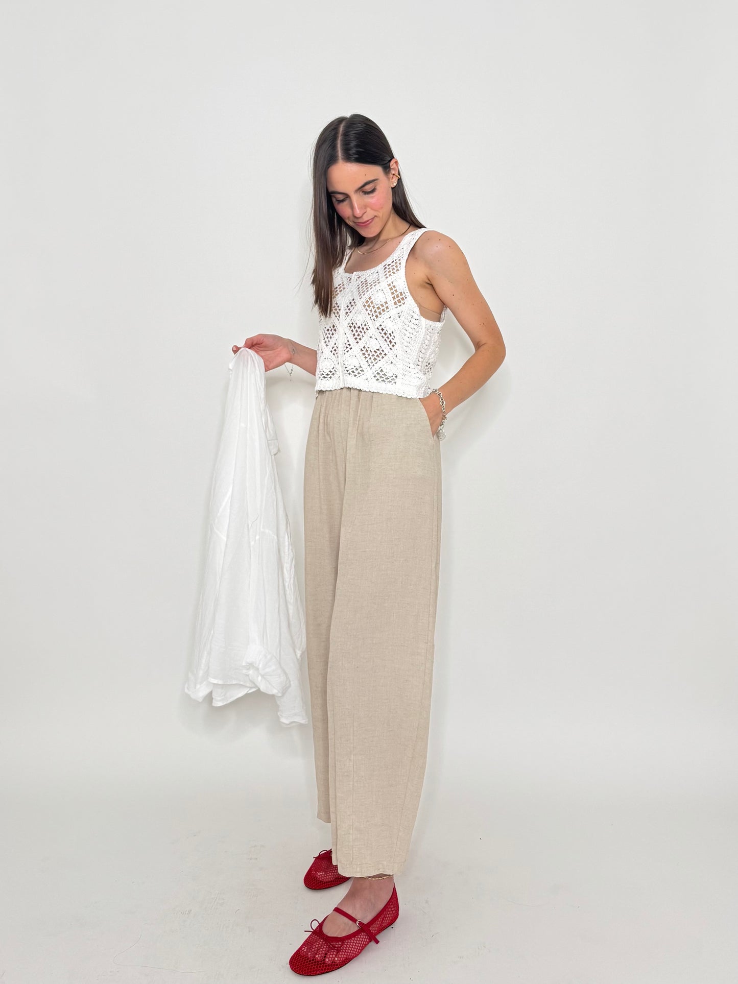 Pantalone ovetto in viscosa e lino Beige