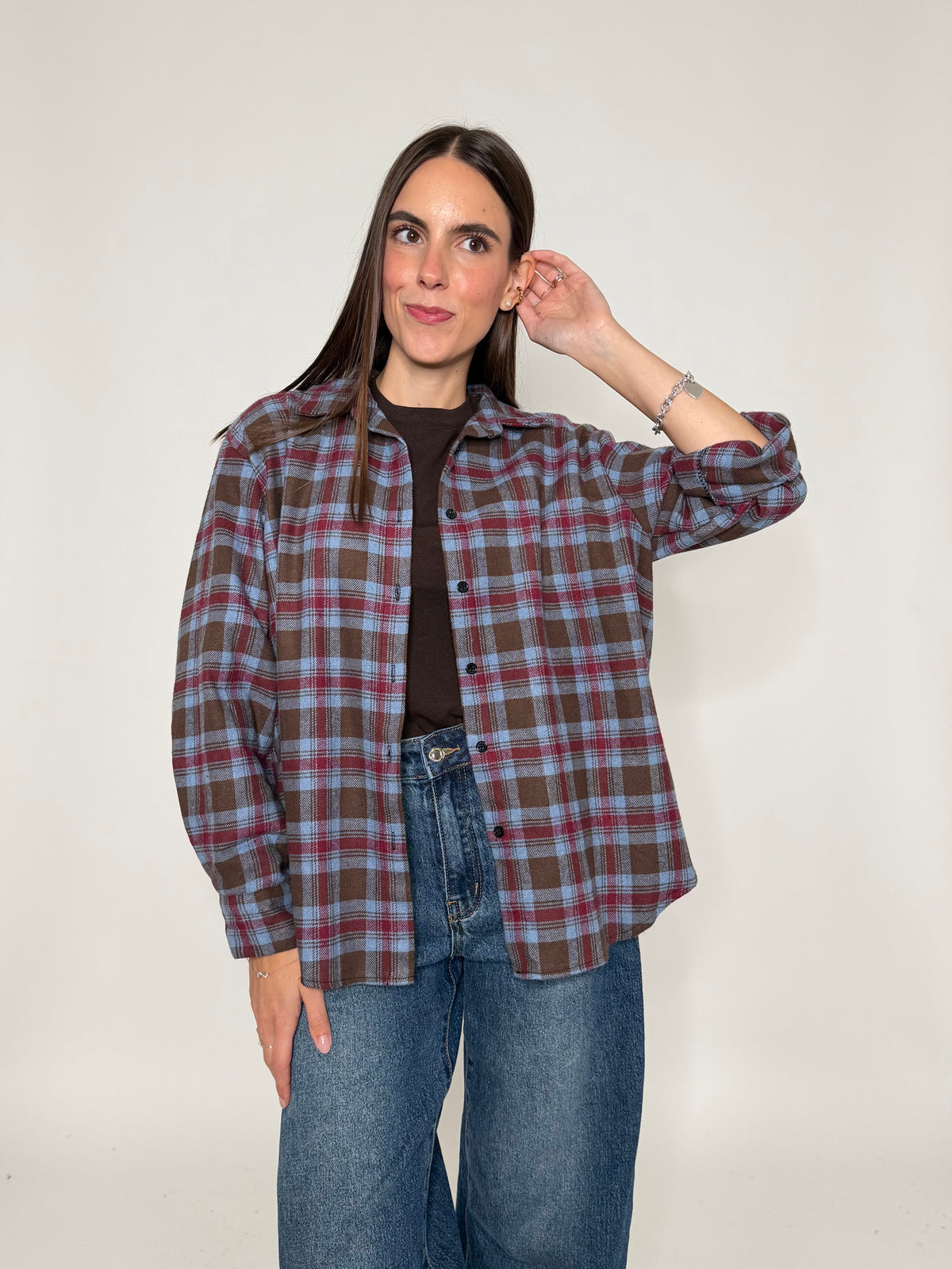 Camicia check vienna in cotone celeste/bordeaux