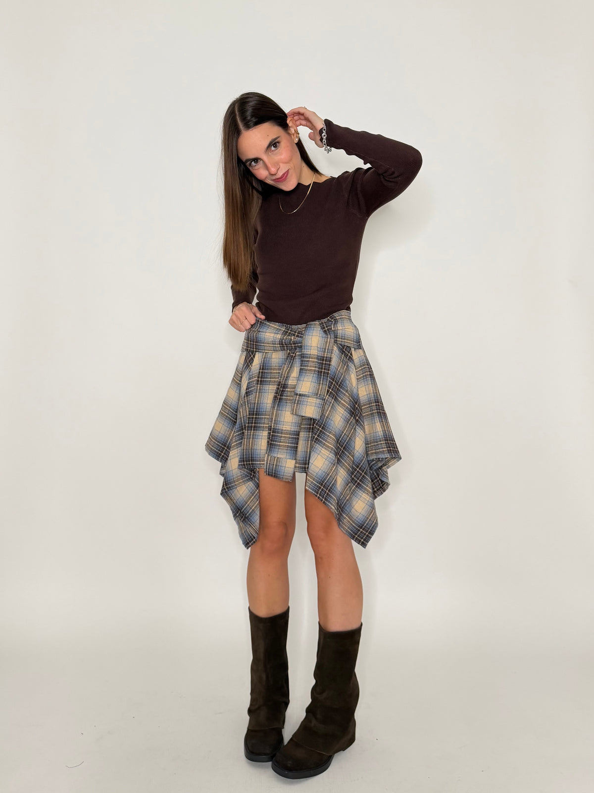 Gonna a camicia con pantaloncino fantasia tartan vintage beige