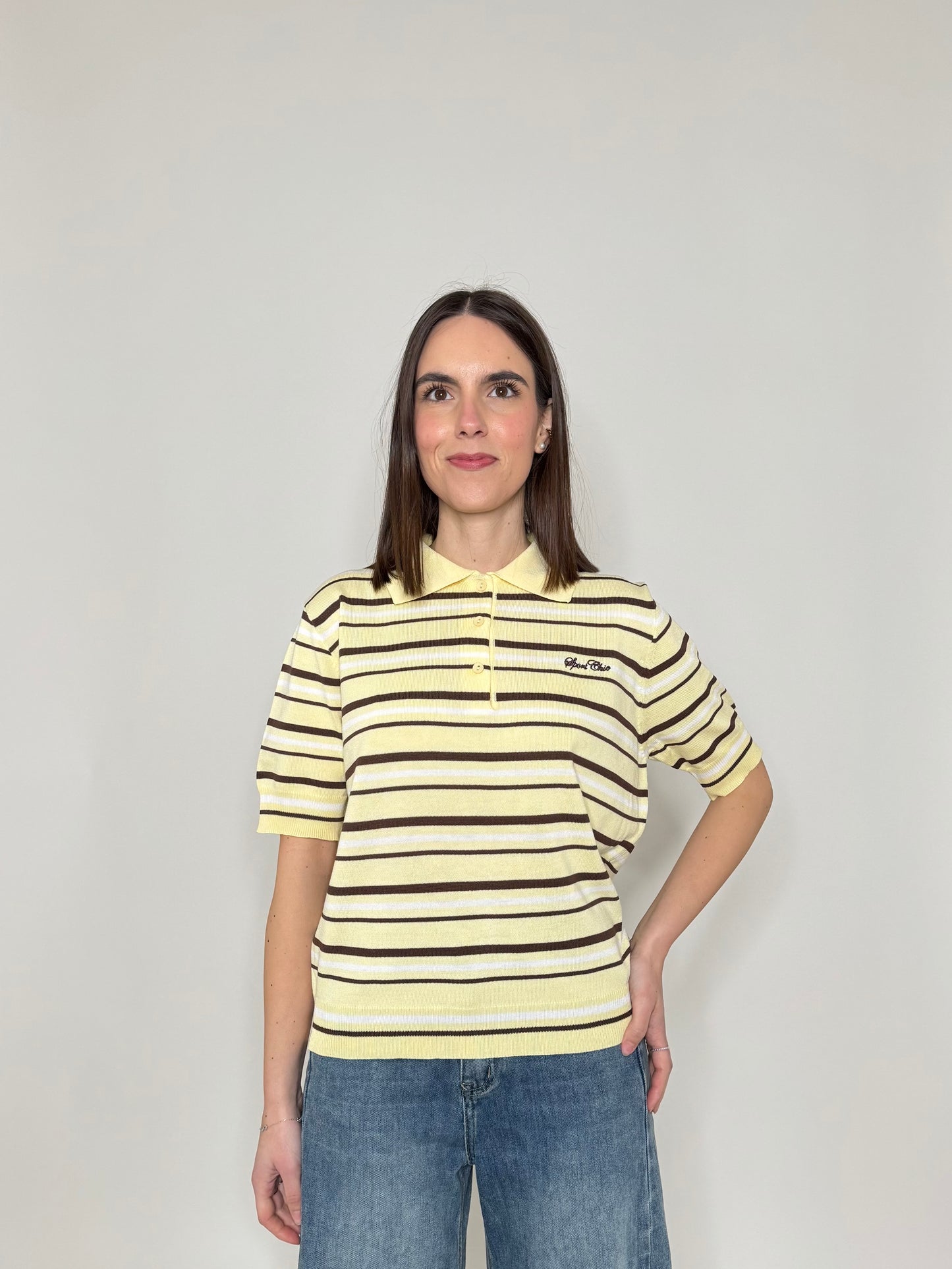 Polo in filo di viscosa a righe Giallo/coffee