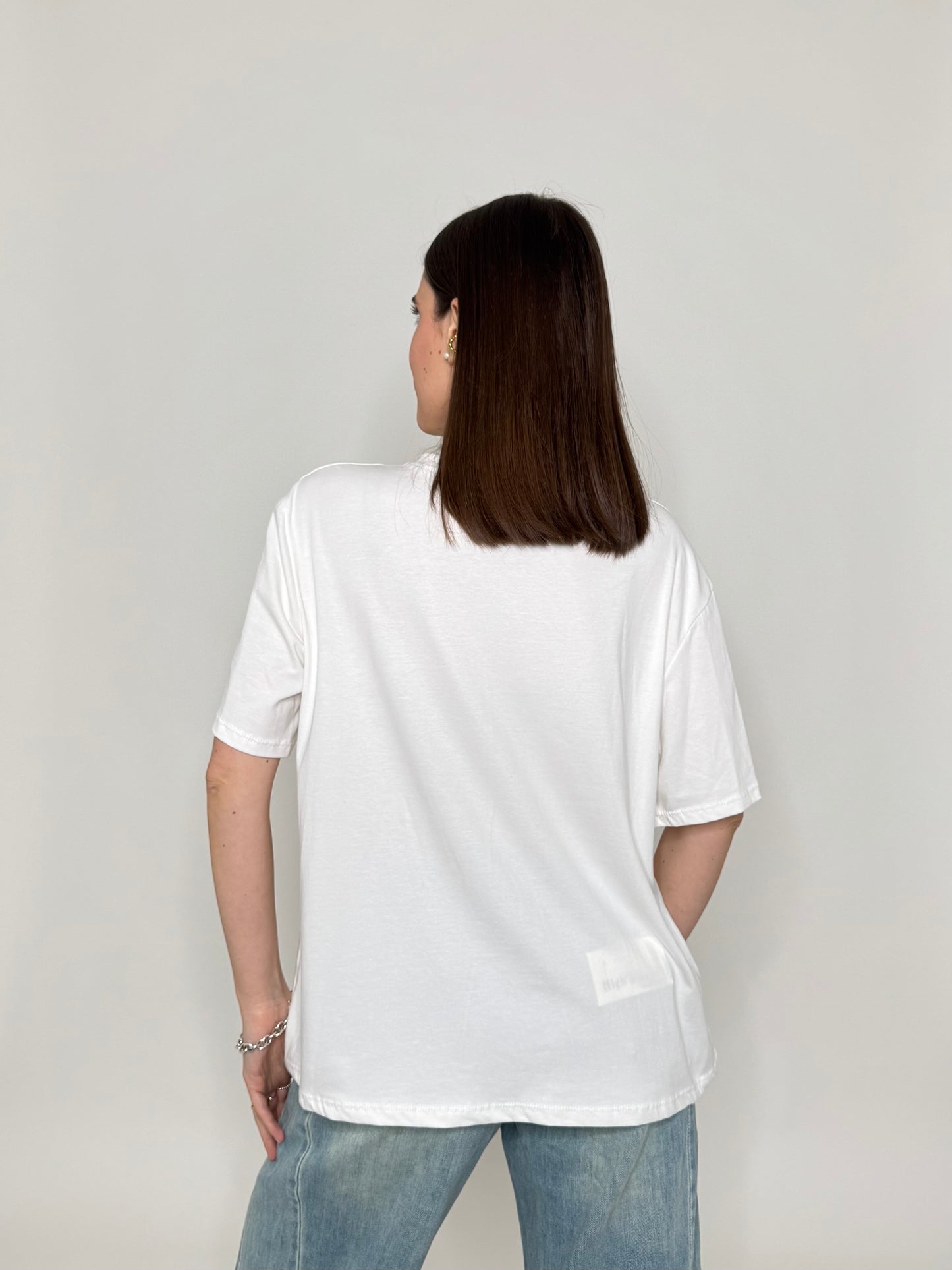 T- shirt in cotone con taschino paillette applicato Bronzo