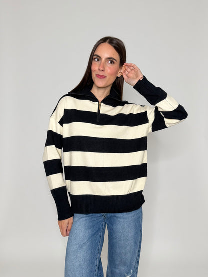 Maglione mezza zip collo alto a righe in morbida viscosa nero/panna