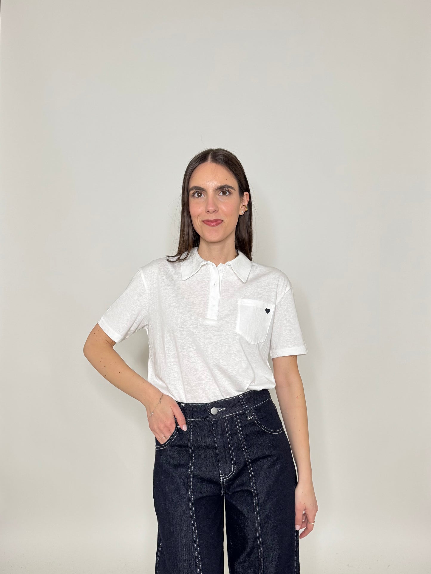 Polo basic light cotton con taschino e cuore Bianco